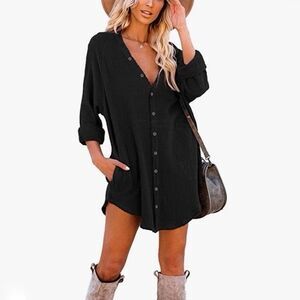 iGENJUN Gauze Long Sleeve Cotton Beach Cover-Up Button Down Tunic Top Black M Bo